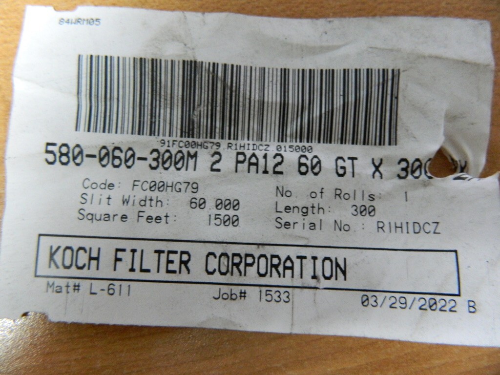 300′ Long x 60″ Wide x 2-1/2″ Thick Fiberglass Paint Booth Air Filter Media Roll