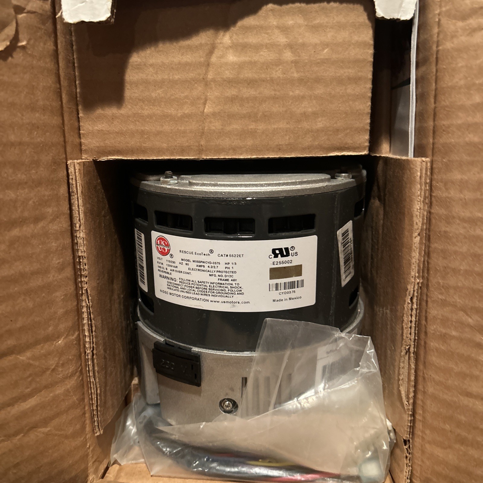 US Motors 5552ET ECM Direct Drive Blower Motor 1/3-1/5 HP 1075 Rpm 115/230V