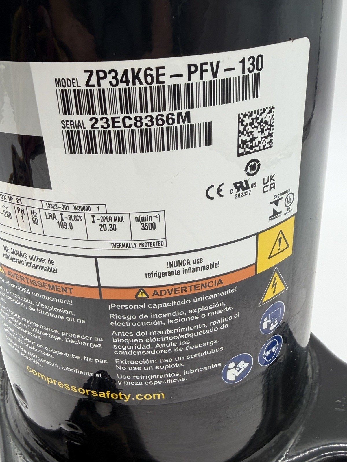 3 Ton Copeland ZP34K6E-PFV-130 Scroll Compressor R410A 208/230V 1 PH Tested