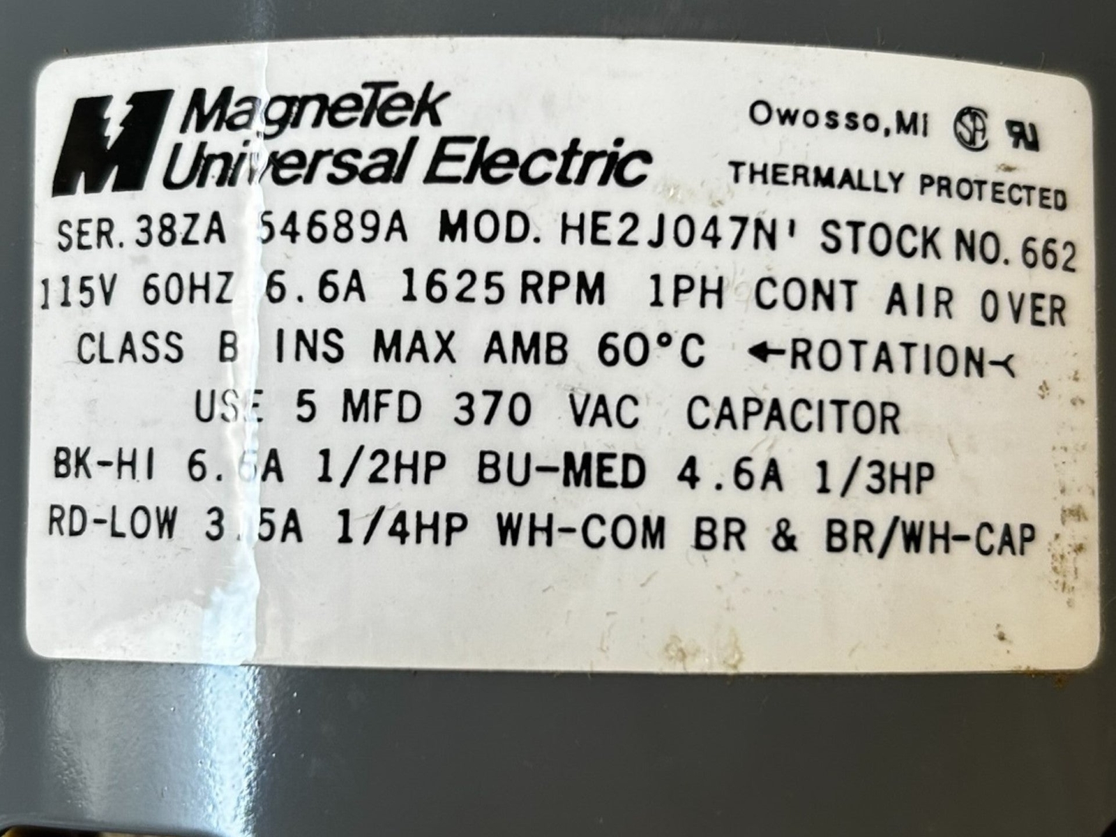 Magnetek, HE2J047N’, McQuay, 622,1/2-1/3-1/4HP, Motor – NEW IN BOX