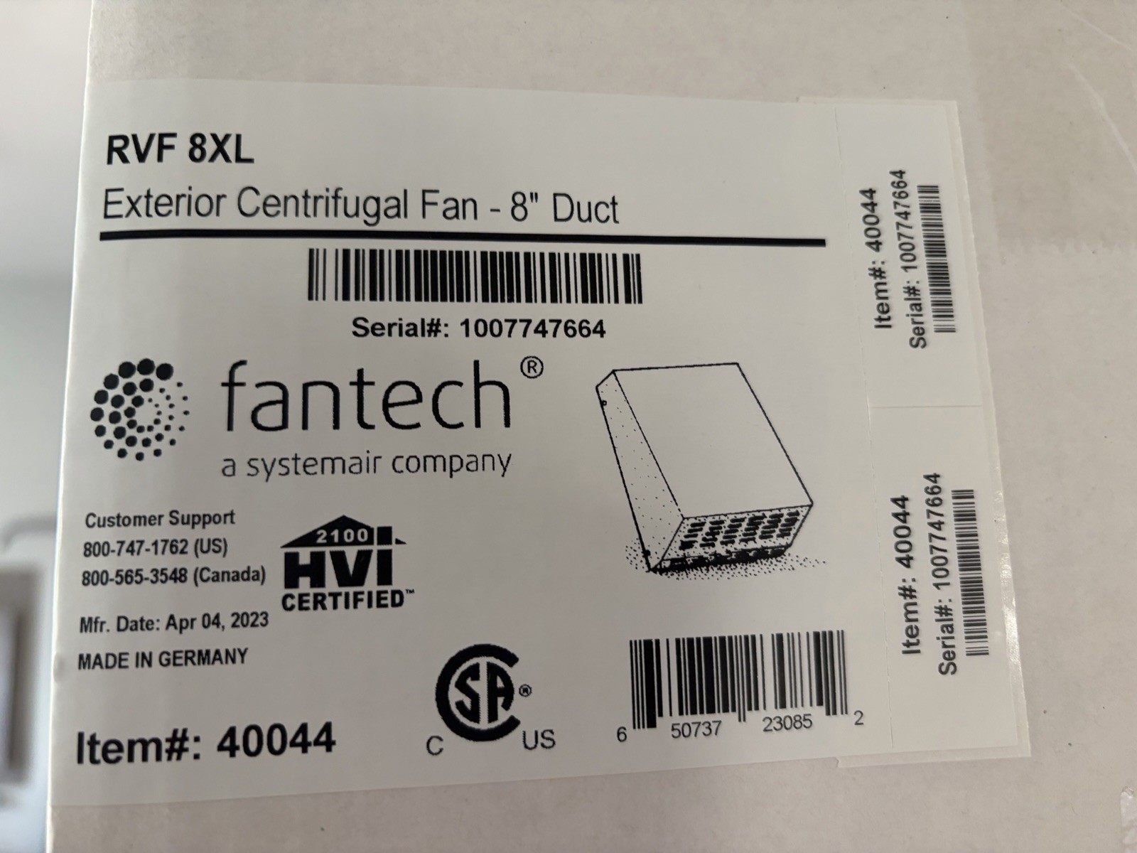 New FANTECH RVF 8XL Exhaust Fan,8In Duct Dia,Steel,115 V 15W796