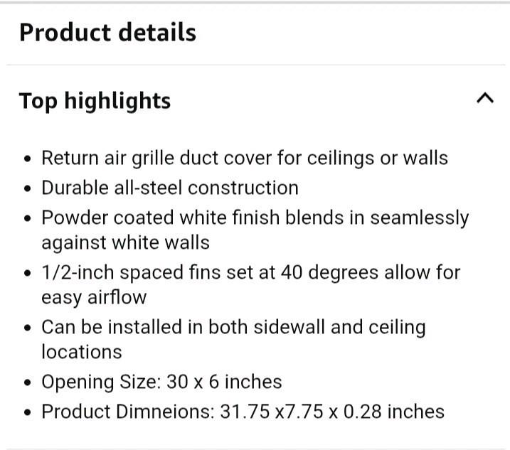 Air Return Grille White Steel 30″ X 6″ HVAC Ceiling & Wall Duct Cover New In Box