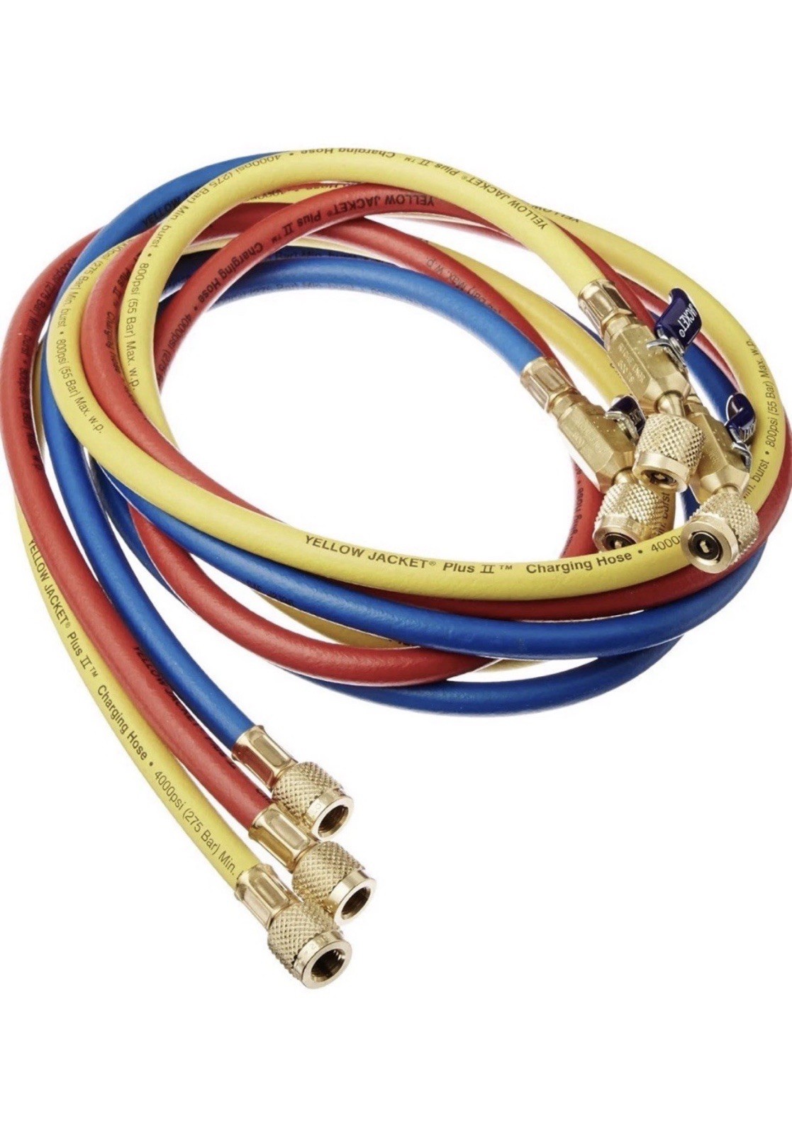 YELLOW JACKET Plus II Charging Hose Set Brass 3 Hoses Red Yellow Blue 4000 psi