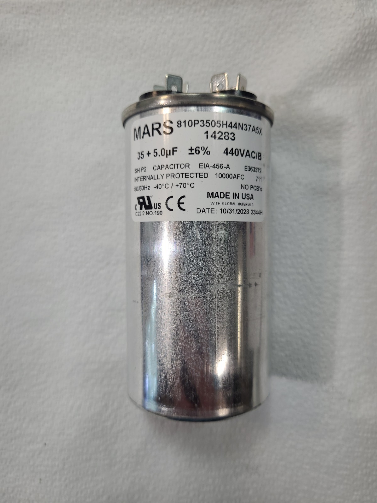 Mars 14283 Motor Run Capacitor NOS 35/5 MFD- Round 370/440VAC Dual Voltage Rated
