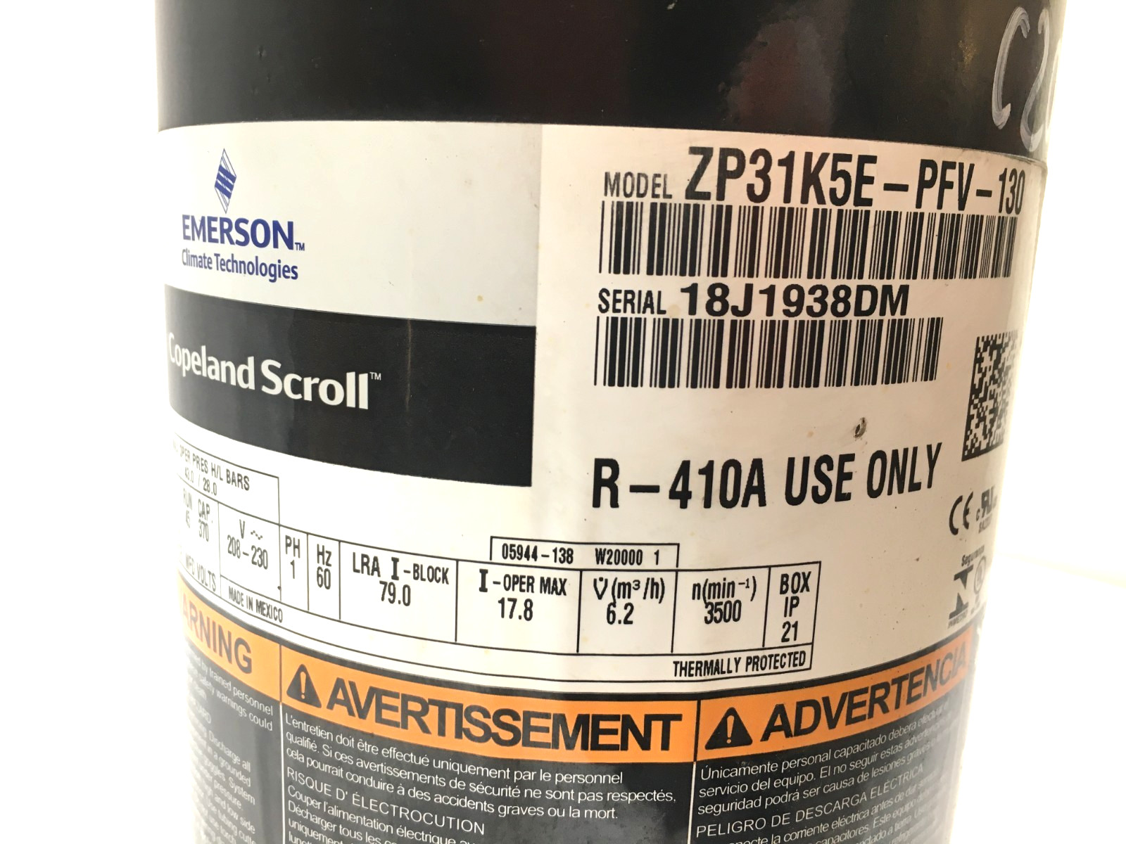 Copeland 2.5 Ton Scroll Compressor ZP31K5E-PFV-130 R410A 208/230V 1 PH used C201