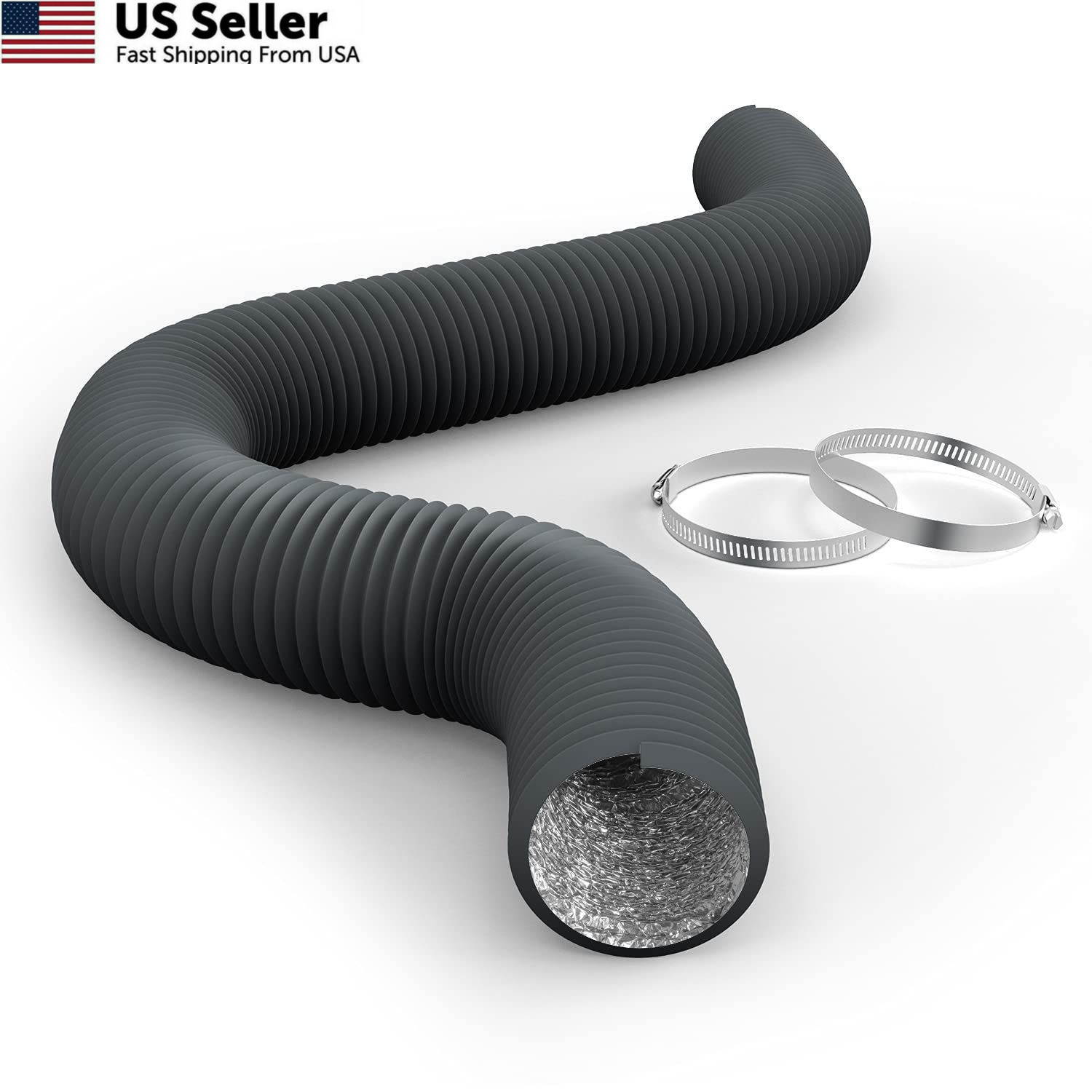 iPower Flexible 3 Inch 8 Feet Aluminum Ducting 4 Layer PVC 3 in 8ft, Gray