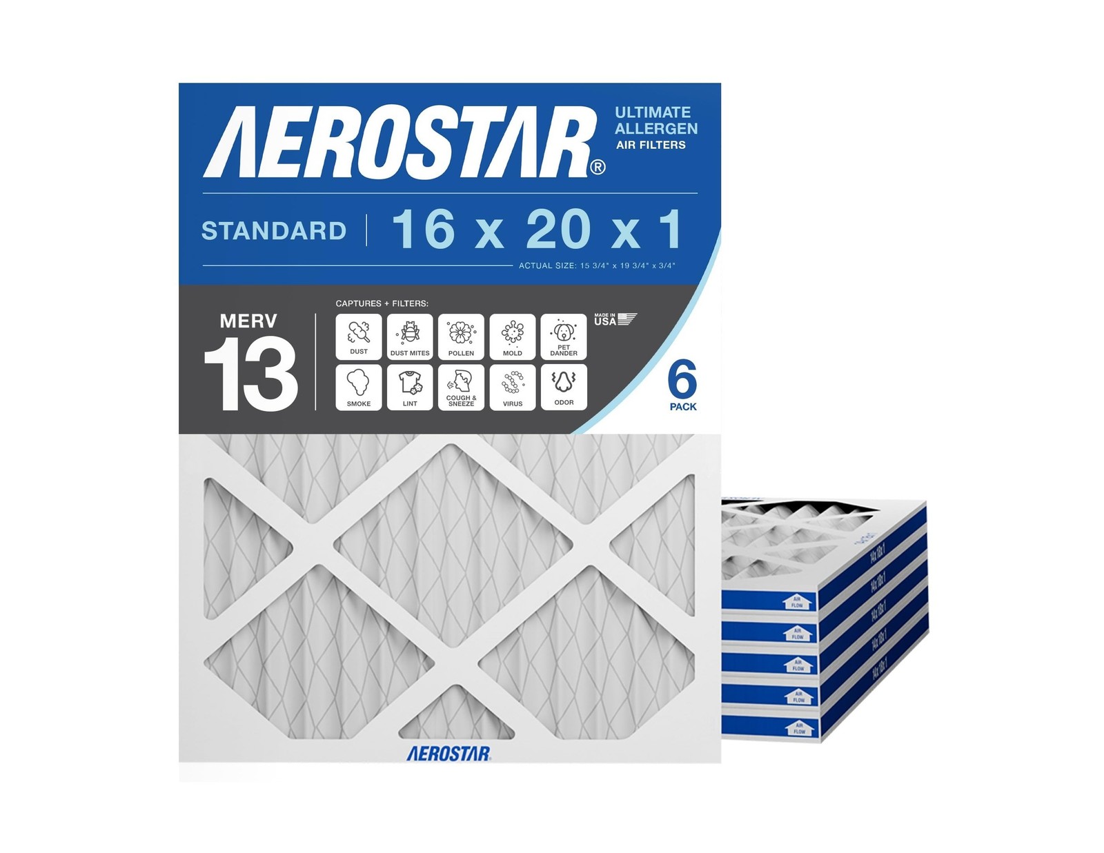 Aerostar 16x20x1 MERV 13 Air Filter, 6 Count, ACTUAL SIZE (15.50 x 19.50 x 0….