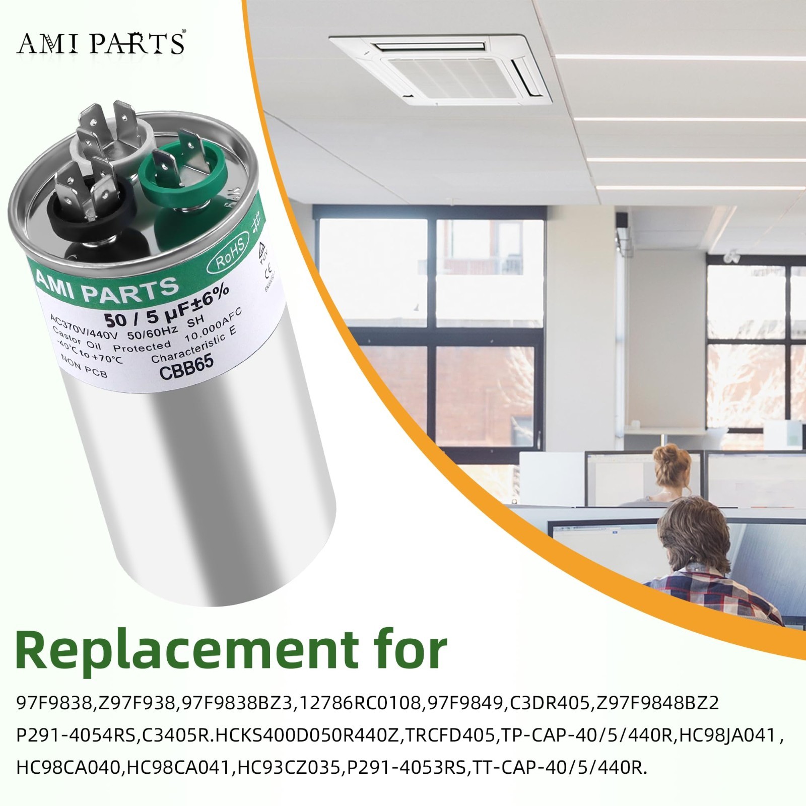 50/5 MFD Dual Run Capacitor 370/440V for Heat Pump, AC, HVAC – CBB65 Replacement