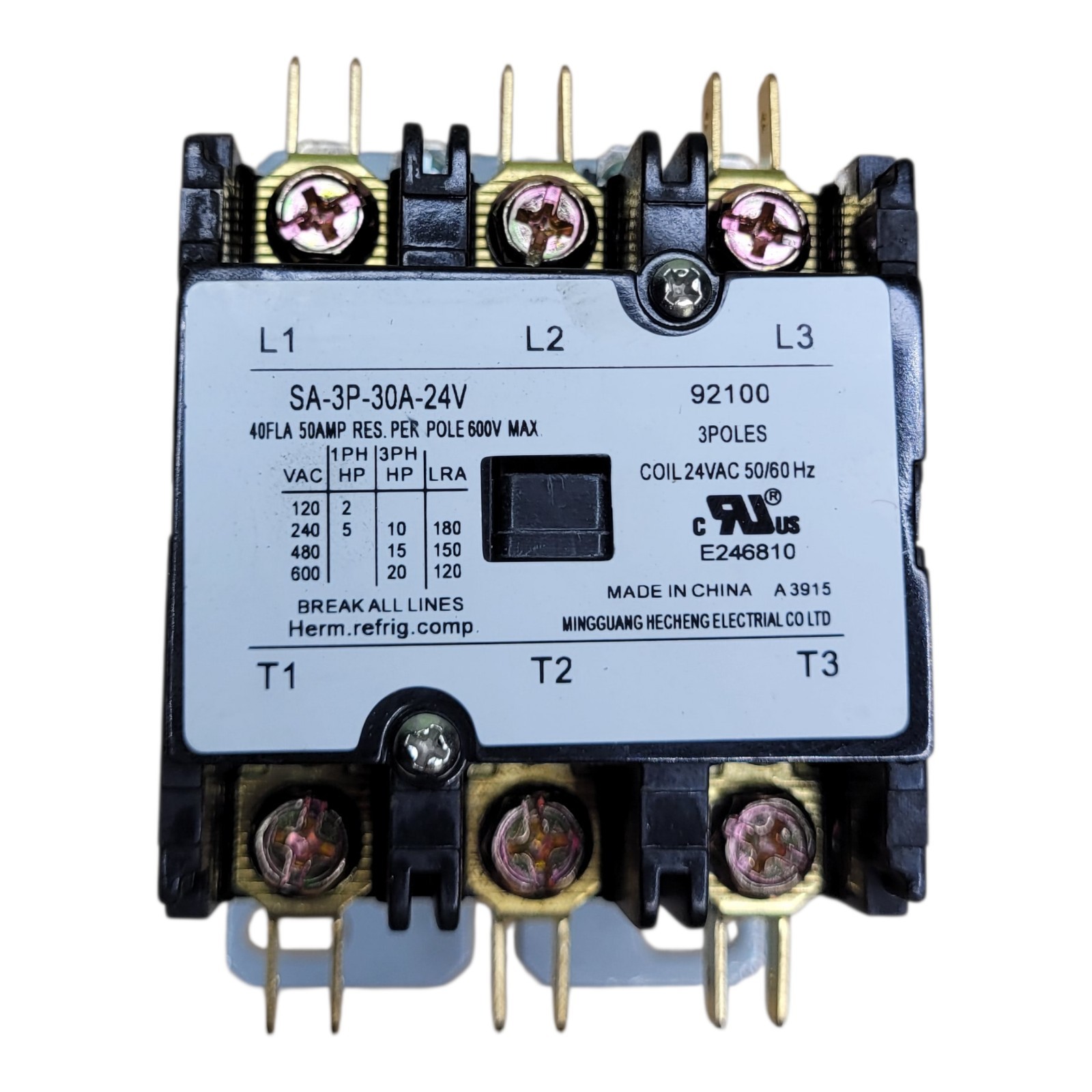 30A 3 Pole Contactor SA-3P-30A-24V 92100 Coil 24VAC 600V HVAC UL Listed