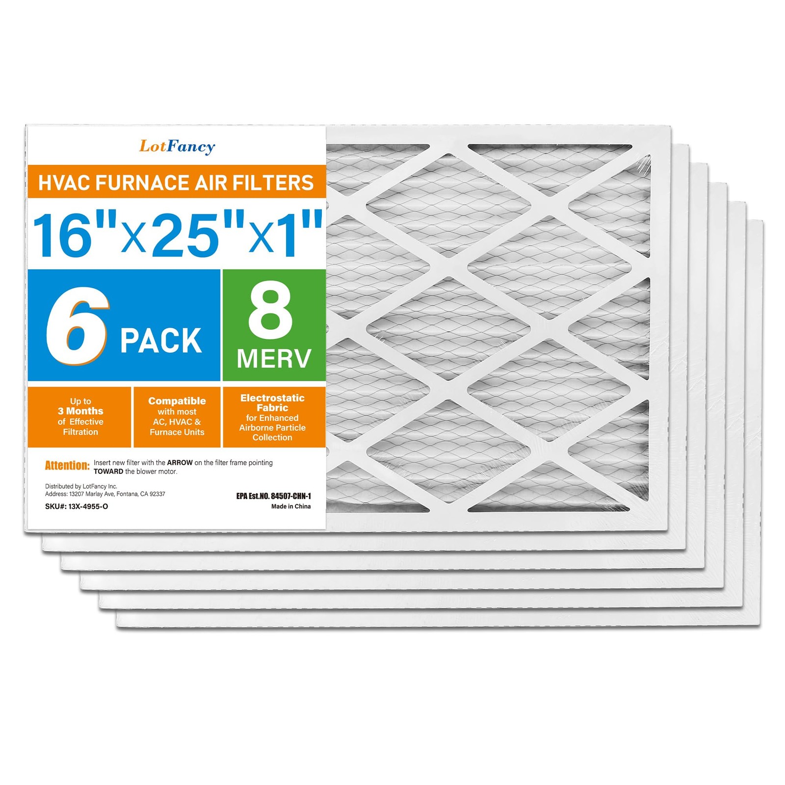 Lotfancy 16X25X1 Air Filter Merv 8 6-Pack Actual Size 15.75X24.75X0.75