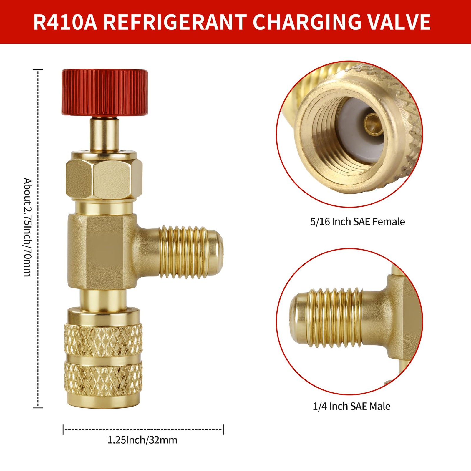 Refrigerant Charging Valve Set, 5/16″ Safety Adapter Flow R410A, Brass