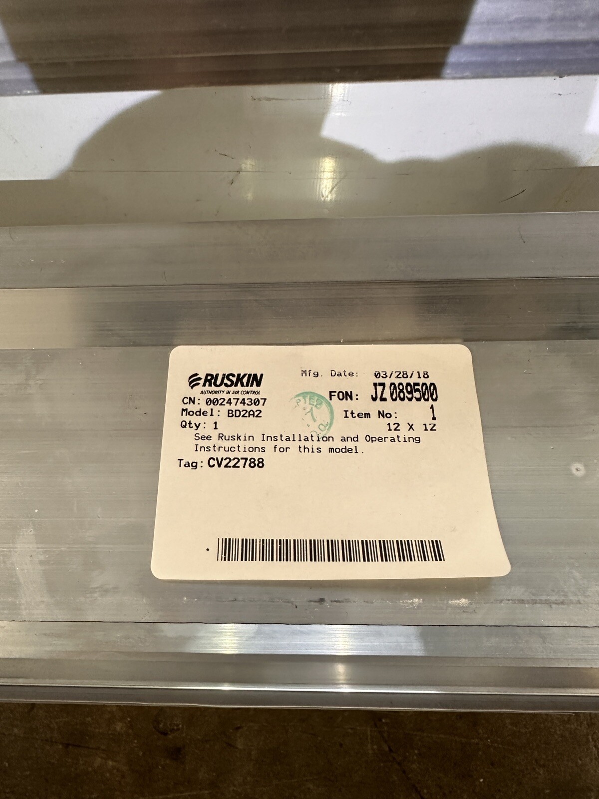 Ruskin Backdraft Damper BD2A2 12×12