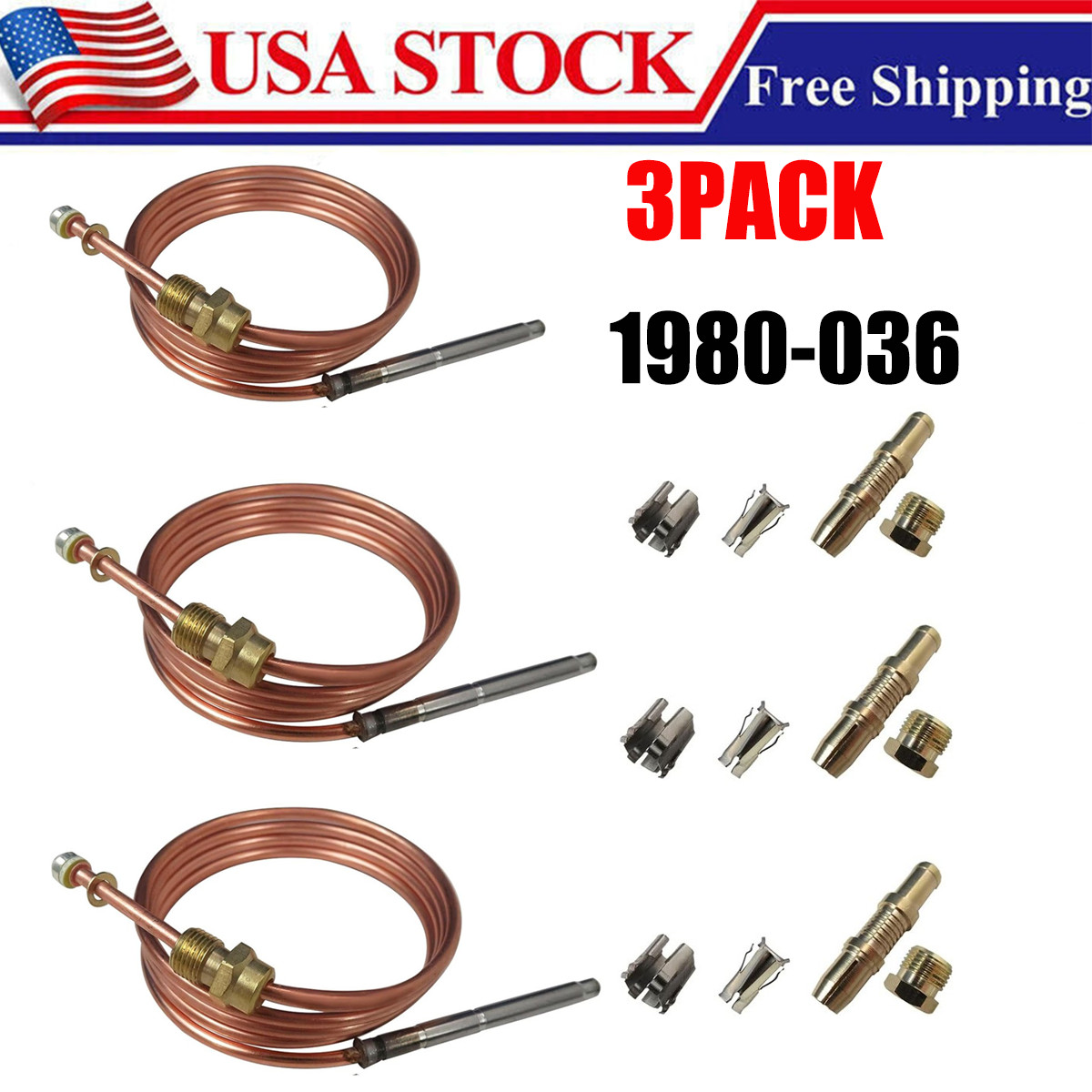 3x For Robertshaw Thermocouple 36” 91cm 1980-036 Snap Fit Universal (51-1455)