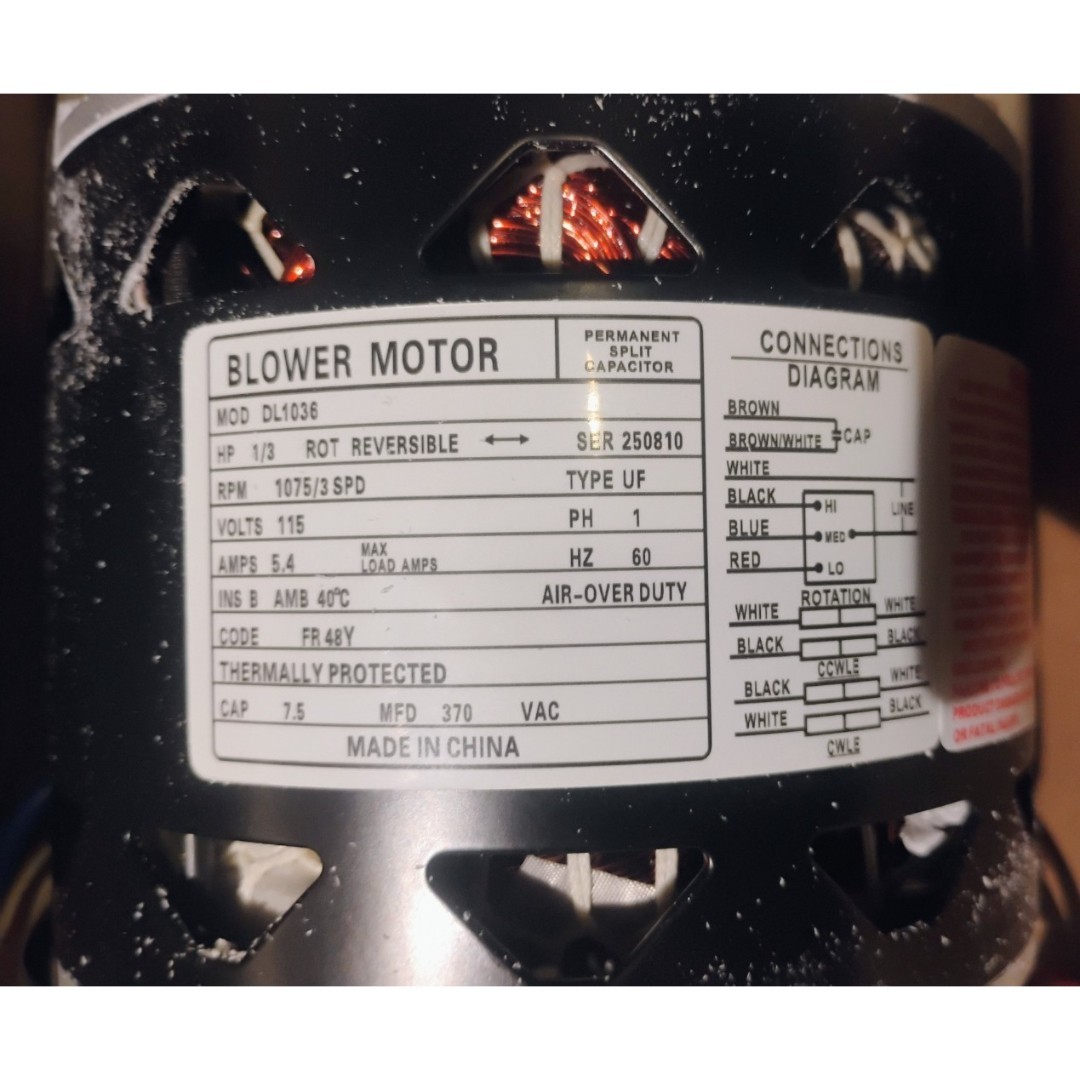 DL1036 Blower Fan Motor,1/3 HP, 1075 RPM, 3 Speed, 115V, Compatible w/A.O. Smith