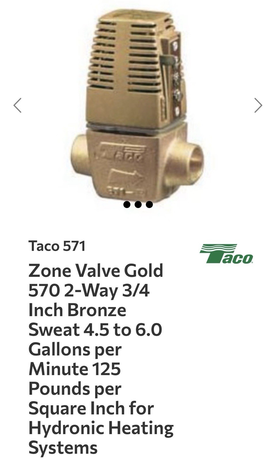 Taco 571-2 3/4 inch Sweat Zone Valve – Gold