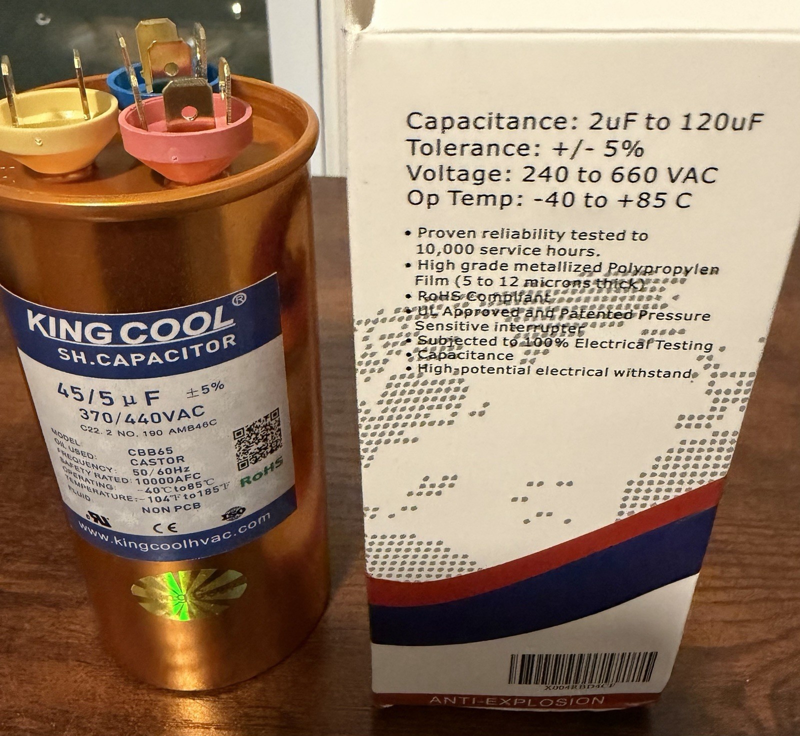 King Cool Dual Run HVAC Capacitor 45+5uF/370-440V – 45/5 MFD uF +-5% 370 440 VAC