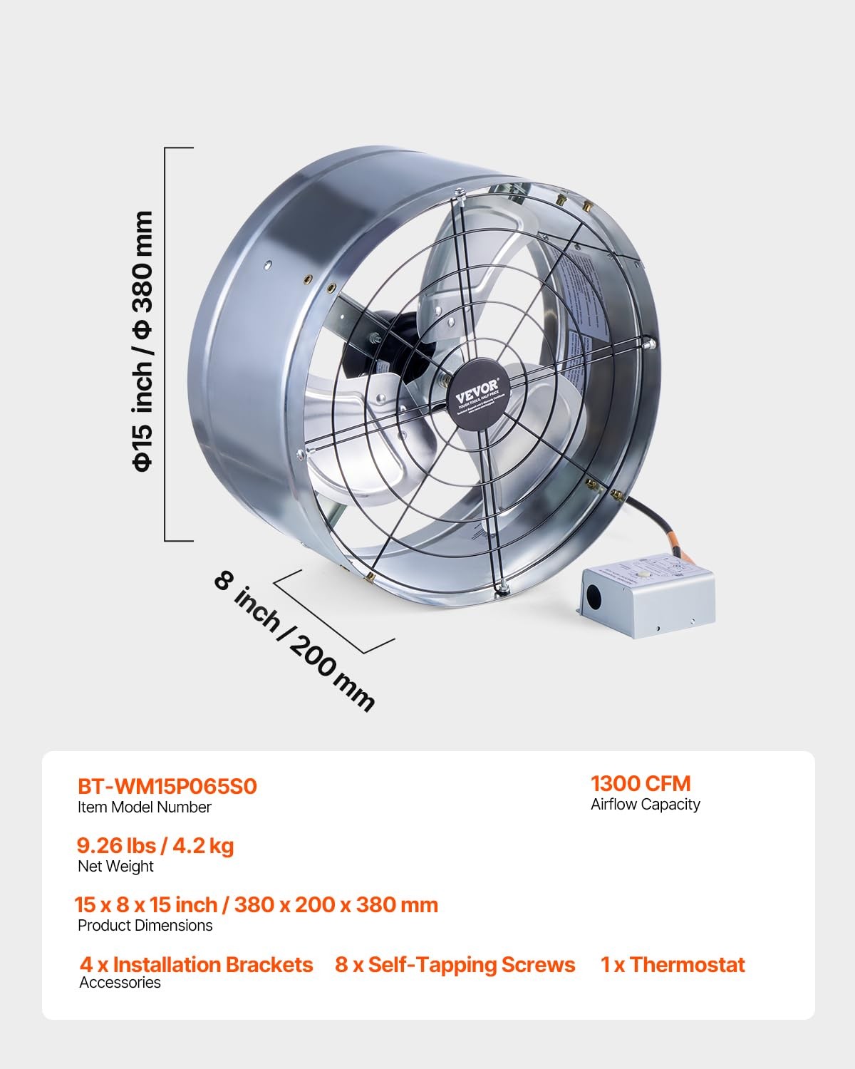 Vevor Gable Mount Fan 15 Inch Attic Exhaust Fan Adjustable Thermostat Outer