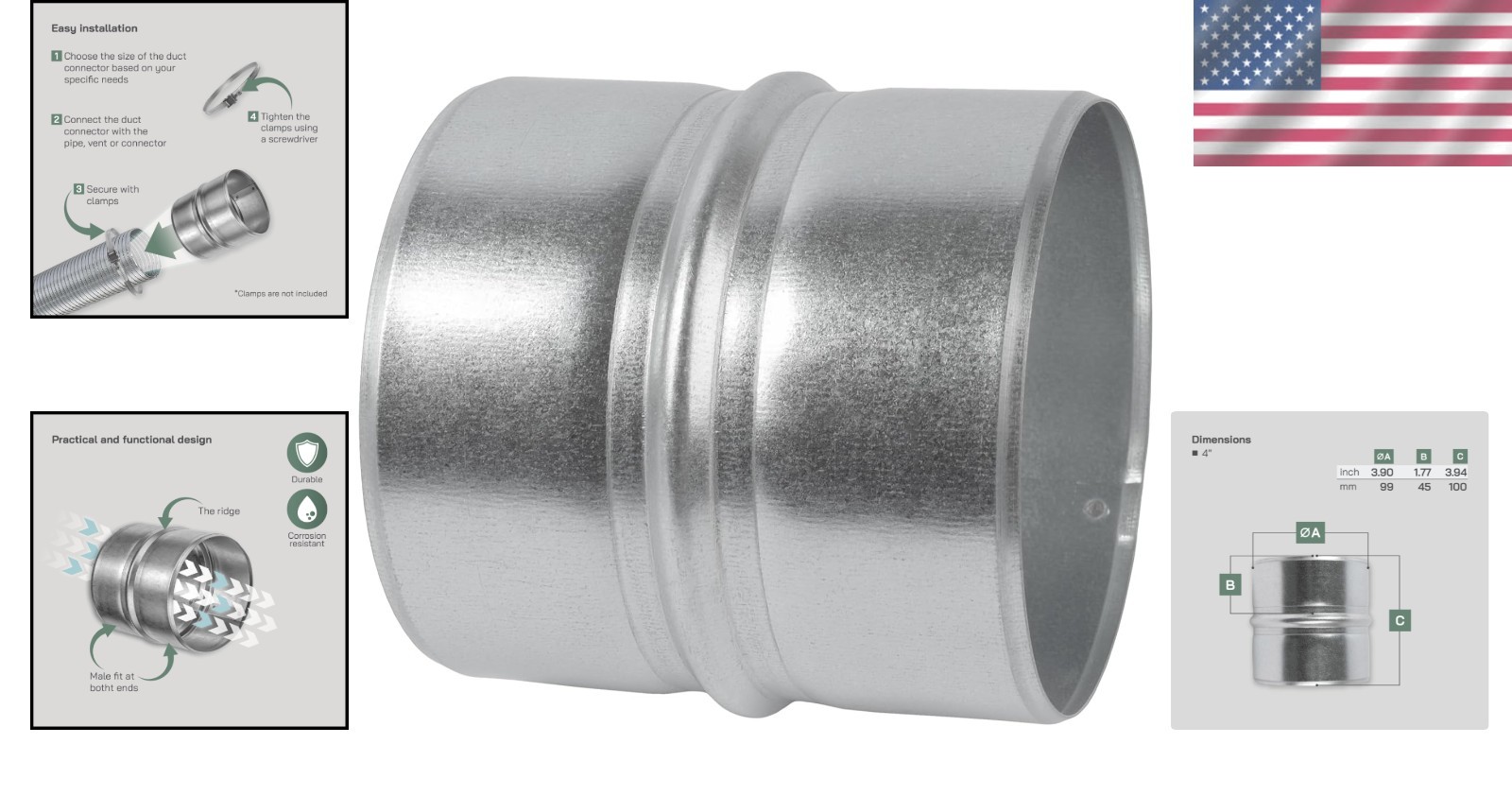 Versatile 4-Inch Galvanized Steel Duct Connector – Perfect for Custom Systems