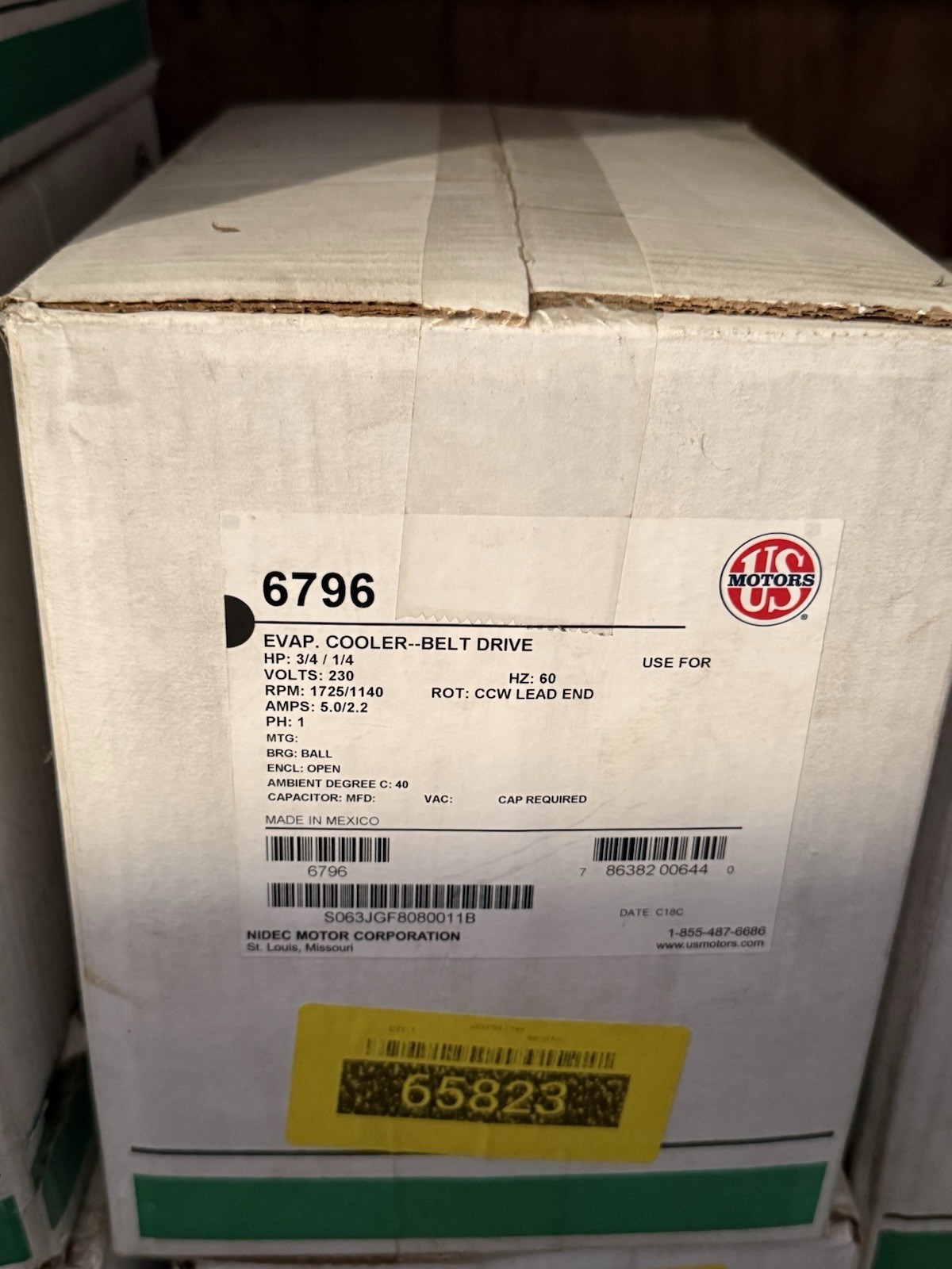 US Motors 6796 Single Phase Cooling Motor 3/4 HP/230V/60Hz/1725 RPM Novi-B