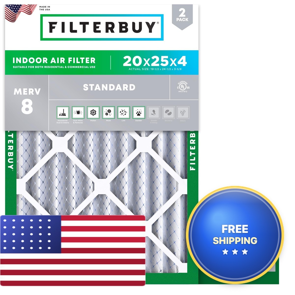 Filterbuy 20X25X4 Air Filter Merv 8 Essential Defense 2-Pack Electrostatic