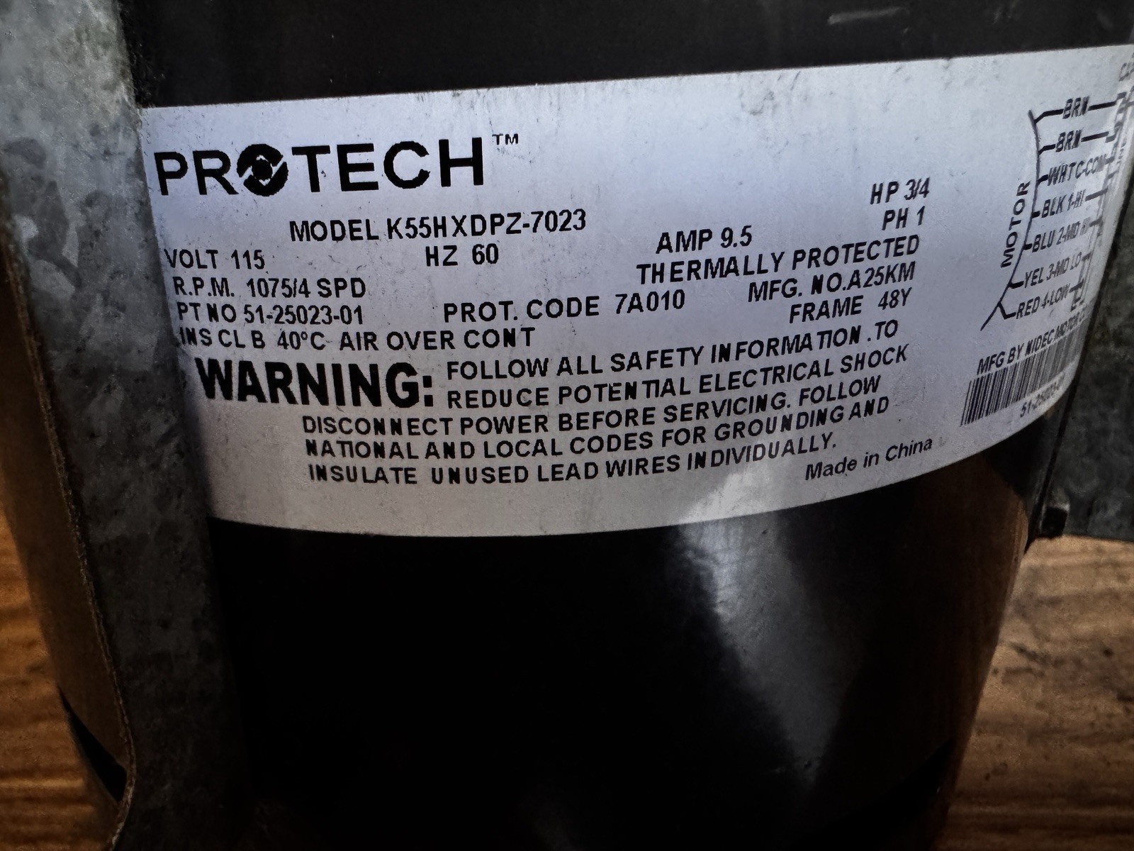 PROTECH K55HXDPZ-7023 HVAC Motor 115V 9.5A 1 Phase Thermally Protected Air Over