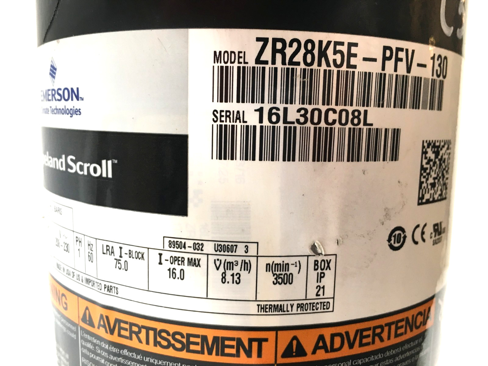 Copeland 2.5 Ton Scroll AC Compressor ZR28K5E-PFV-130 R-22 208-230V used #C534