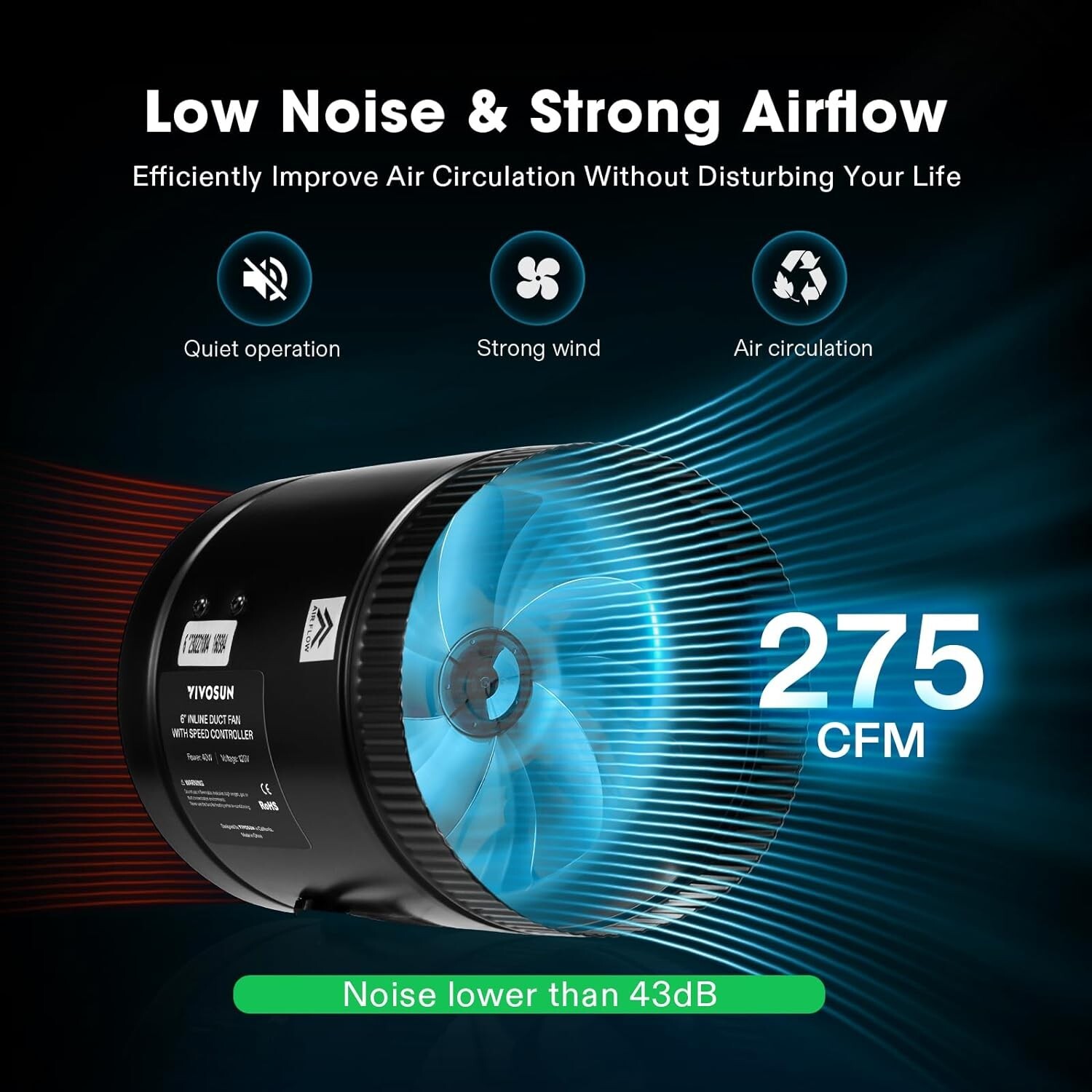 VIVOSUN Inline Booster Duct Fan HVAC Exhaust 6” 275 CFM With Speed Controller