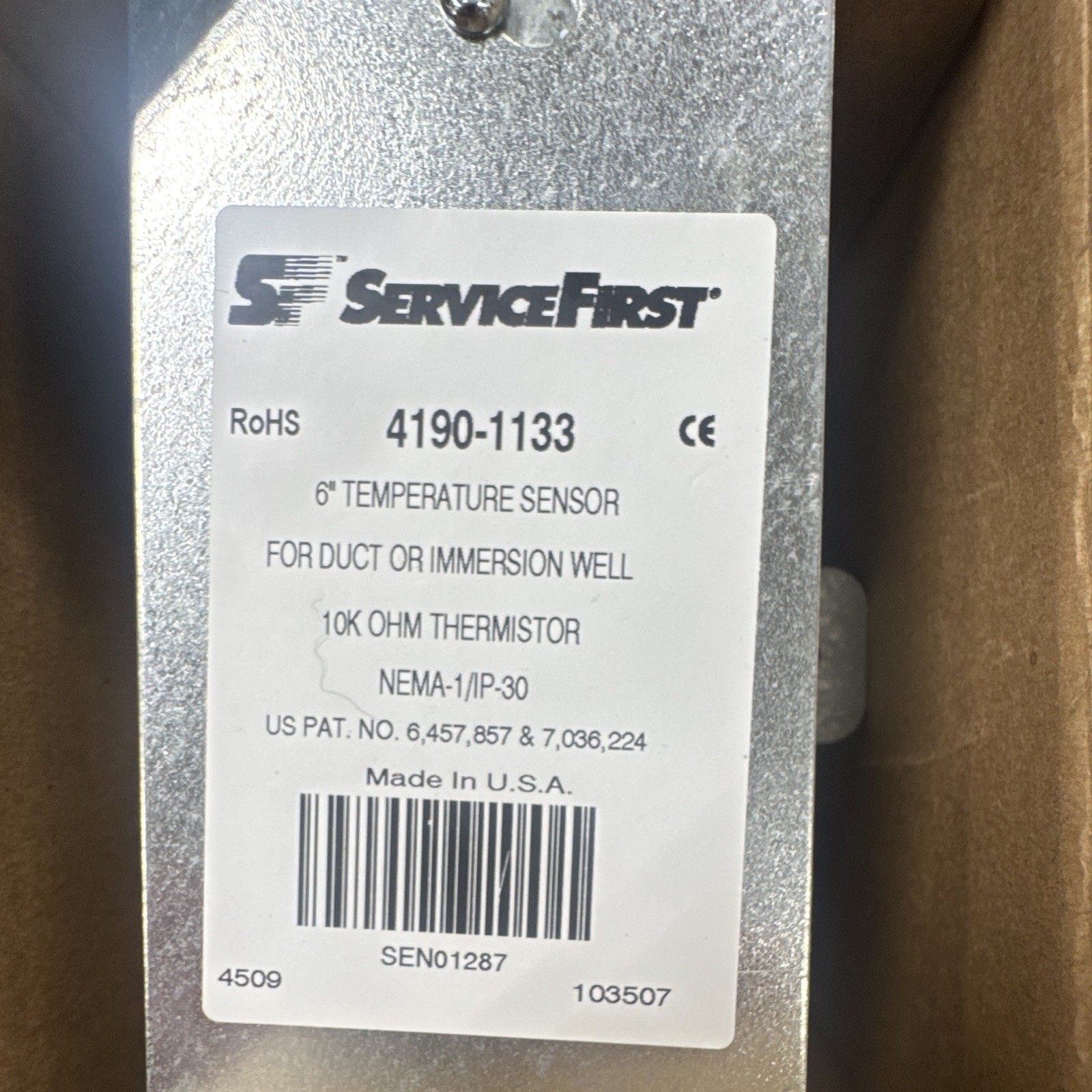 Trane SEN01287 6 in Temperature Sensor 10K Thermistor for Duct/Immersion Well