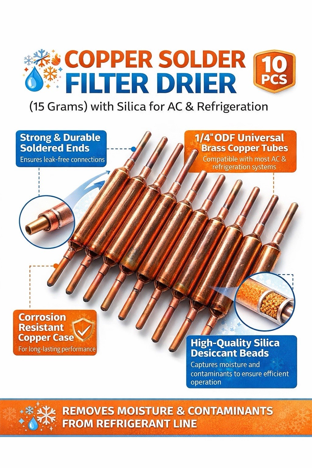 Copper Solder Filter Drier 15 grams w/Silica for AC & Refrigeration Linean 10pcs