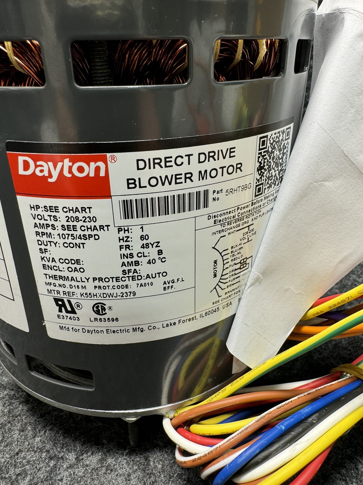 Dayton Direct Drive Blower 4 Speed Motor 208-230V 1/5 hp, 3/4 hp 5RHT9 5RHT9BG