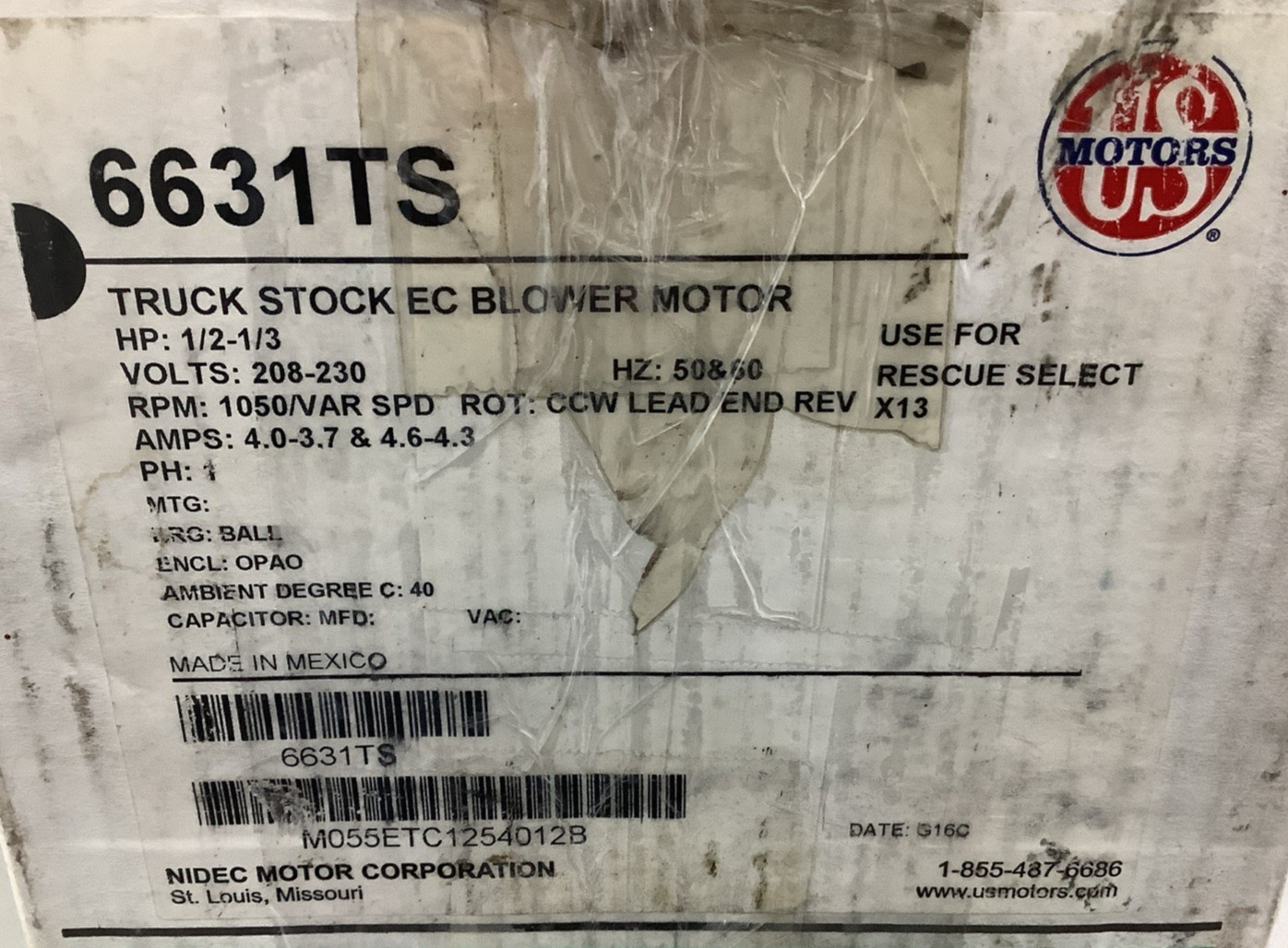 U.S. Motors 6631TS M055PWETC-1254 1/3-1/2HP 1050RPM Blower Motor (R108)