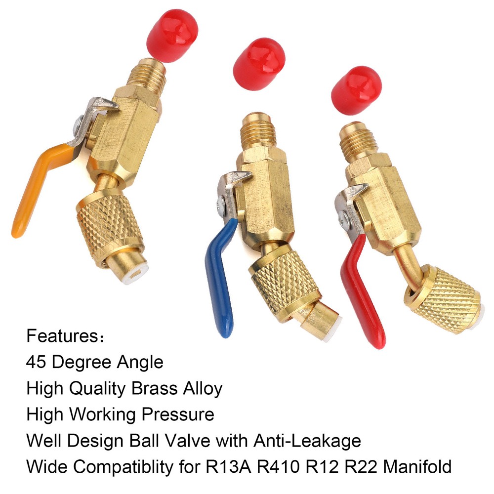 1/4“SAE Coolant Angled Small Ball Valve 3PCS Charging Hoses AC Refrigerant Tools
