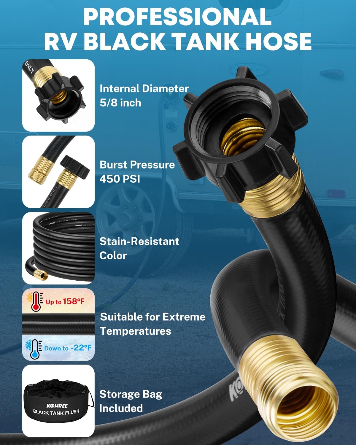 Kohree 50Ft Rv Black Water Hose For Rv Camper 5/8 Premium Camper Sewer Hose No