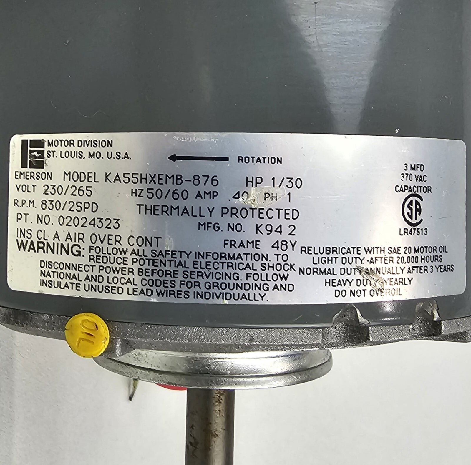 Emerson Blower Motor KA55HXEMB-876, 1/30hp, 230/265v, Double Shaft, 830rpm, 1-ph