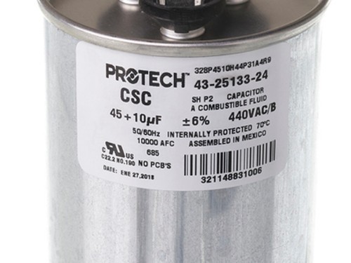 RUUD 43-25133-24 Dual Run Capacitor 45/10 UF 440V Aluminum 4-Terminal