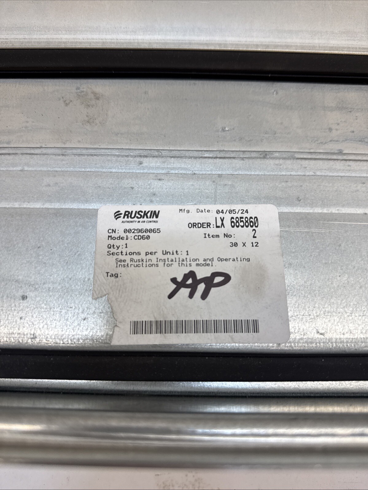 Ruskin CD60 30” X 12” Actuator & Damper