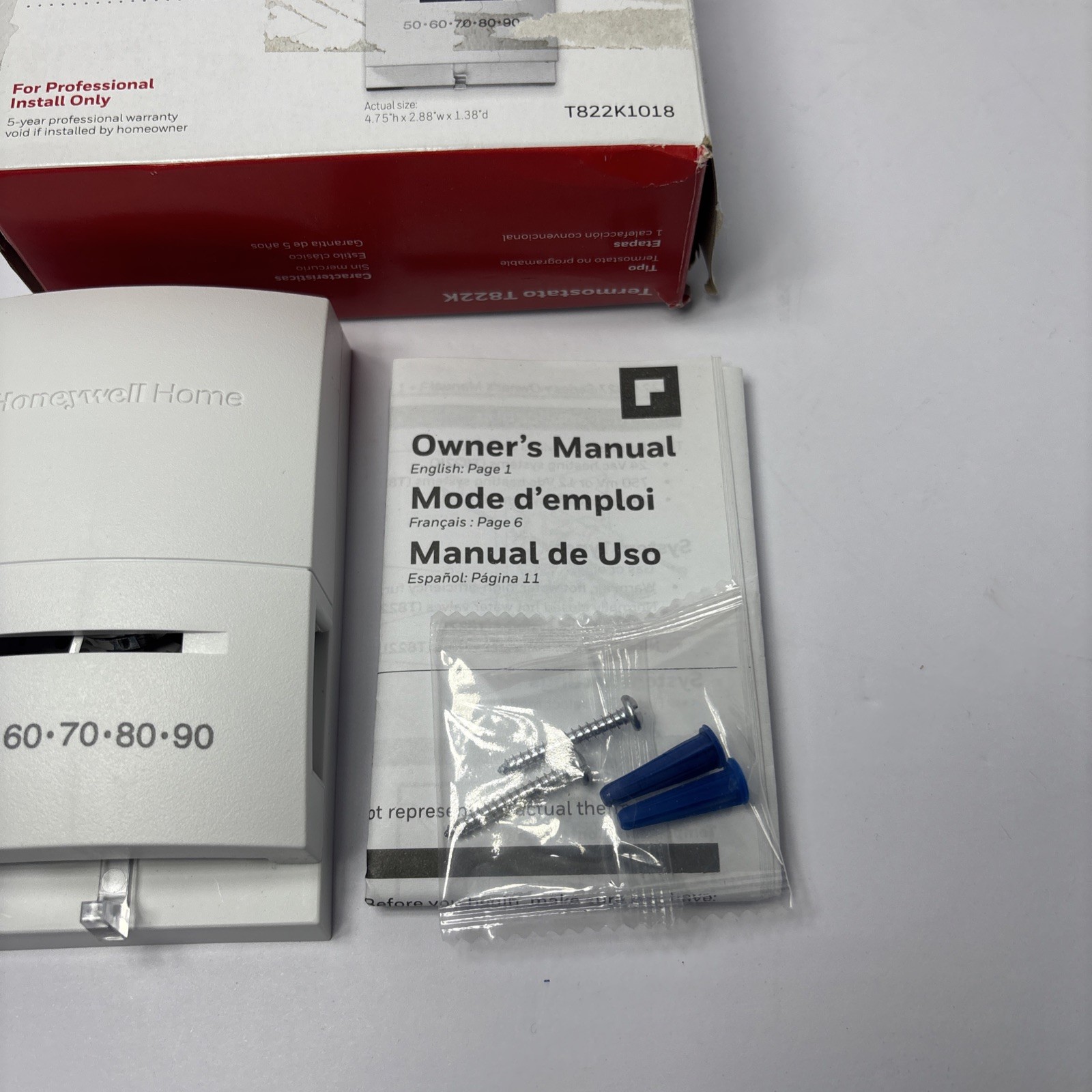 Honeywell T822K1018 Thermostat Heat Only 45-95 degF 24VAC
