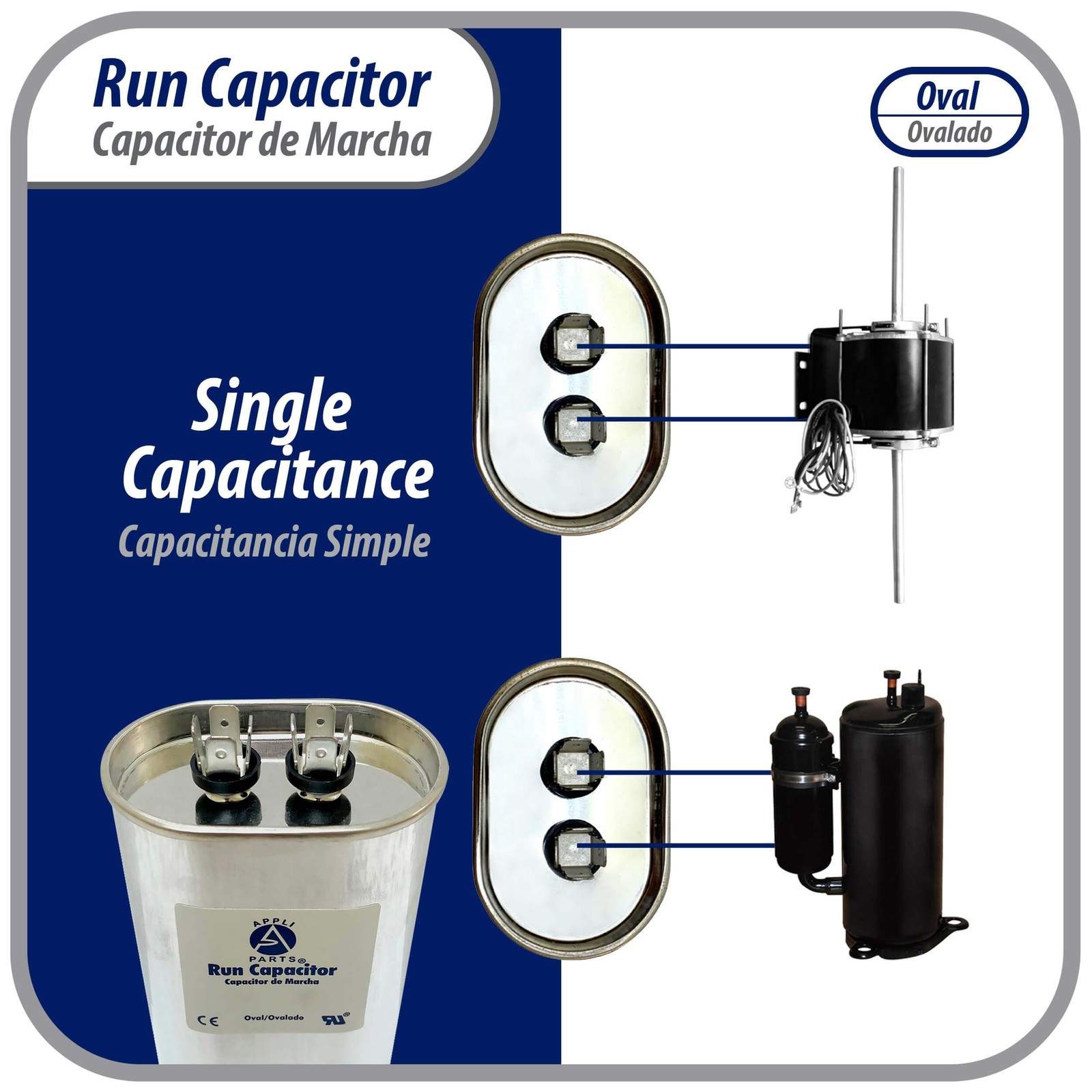 Appli Parts Run Capacitor for ac 7.5 Mfd uF (microfarads) 370 VAC or 450 VAC CBB