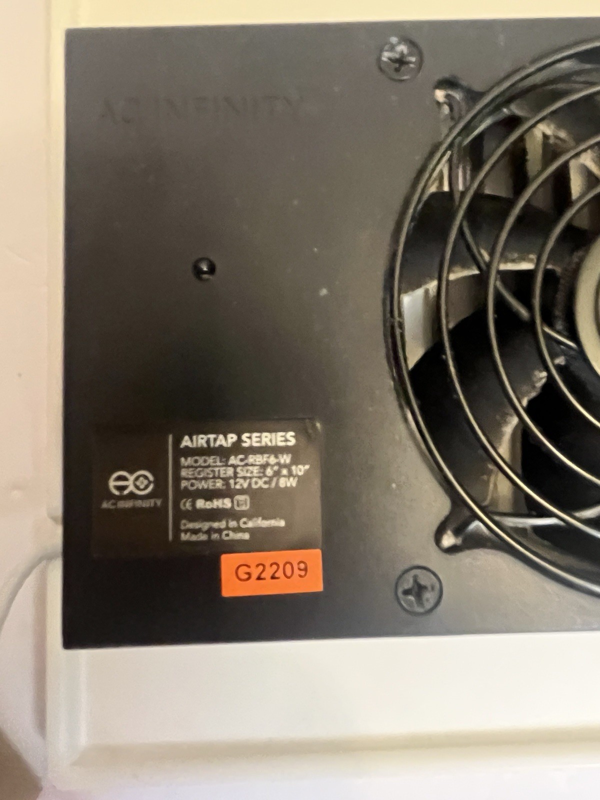 AC Infinity AIRTap T6 Wall Register Booster Fan 120 CFM 12V White 12×6. Tested.