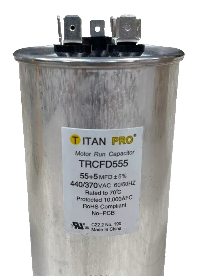 TitanPro TRCFD555 HVAC Round Motor Run Capacitor 55+5 MFD, 440/370Vac