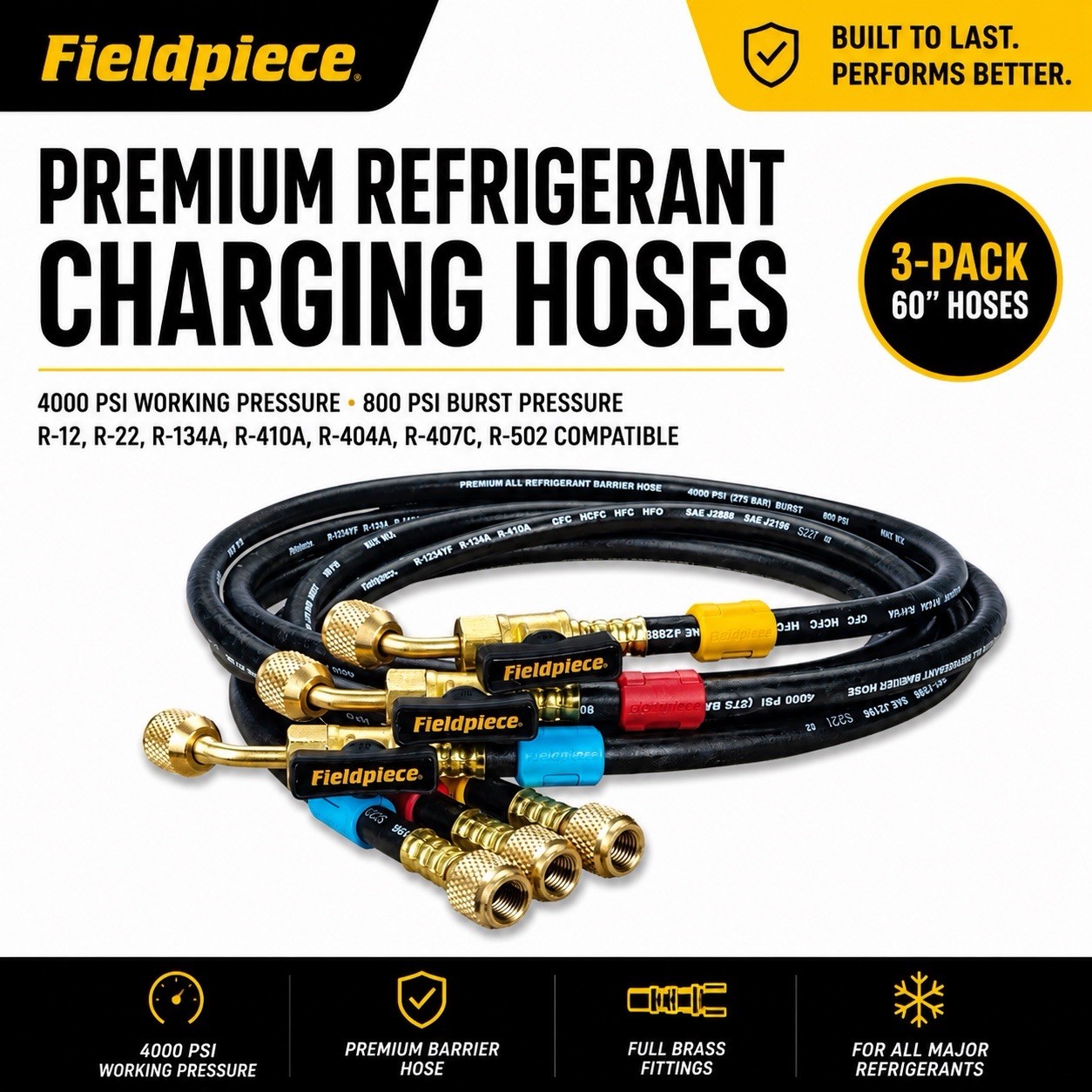 Fieldpiece HR3B HVAC Ball Valve Hose Set (3) 1/4 x 1/4 Refrigerant Charging Hose