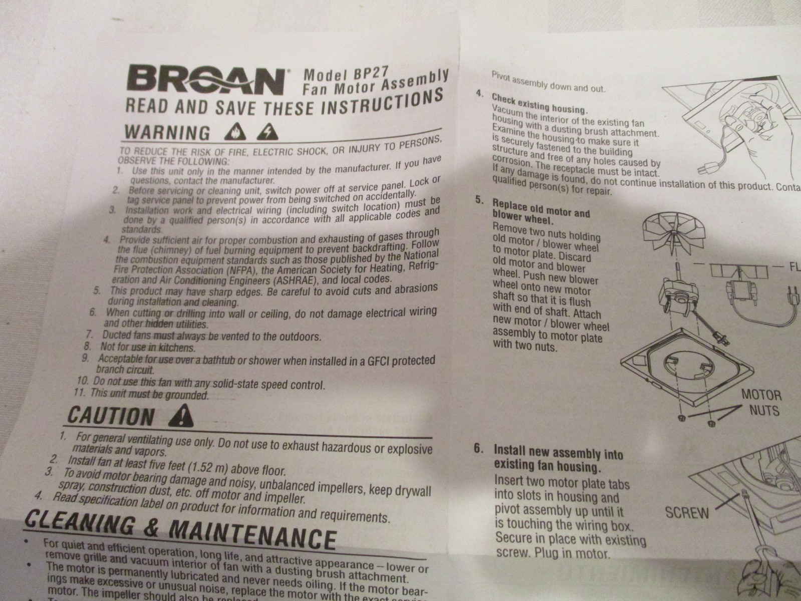 BP27 Broan Nautilus Vent Bath Fan Motor