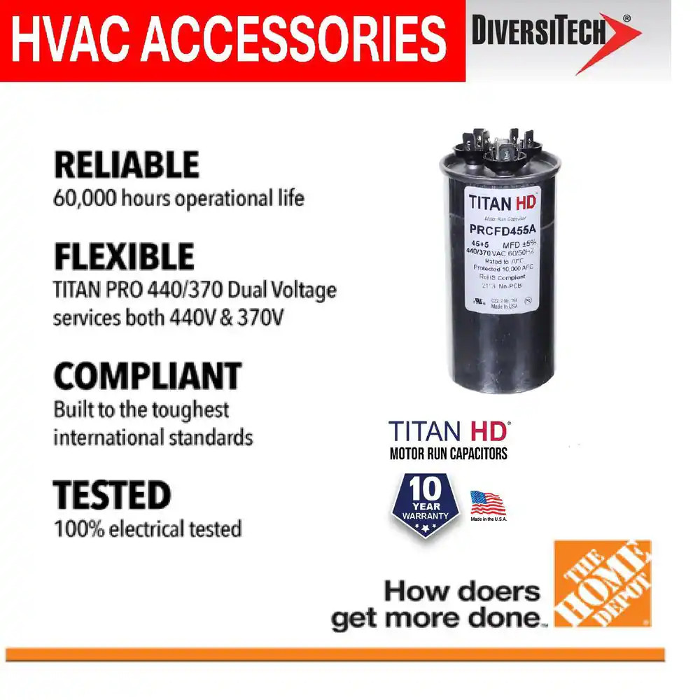 TITAN HD PRCFD455A 45 Plus 5 MFD 440-370V Round Run Capacitor