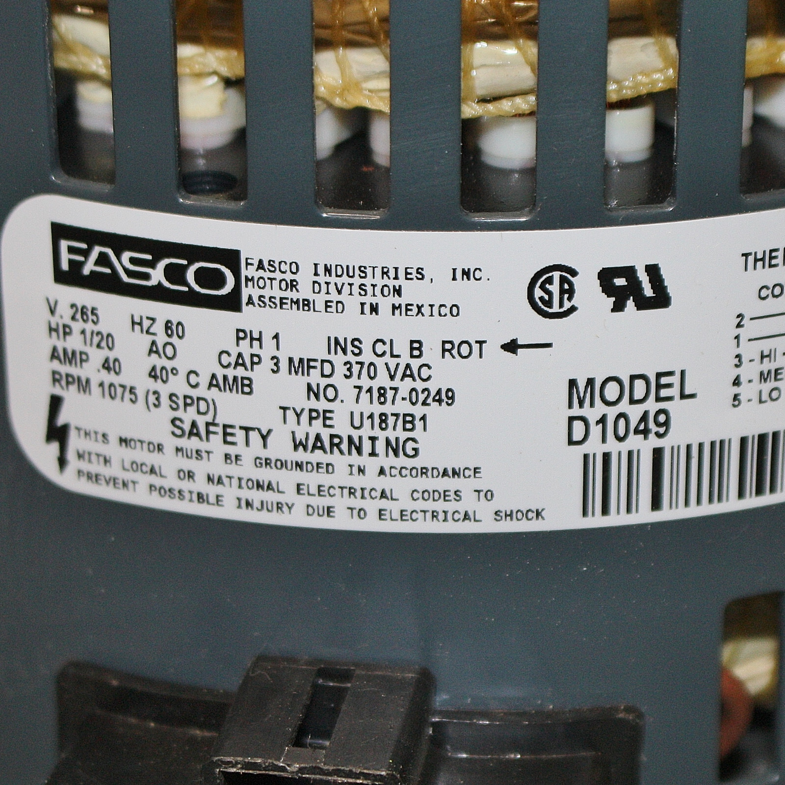 Fasco Condenser Fan Motor D1049, 265V AC, 1/20 HP, 1075 RPM, 42 Frame, 1 PH