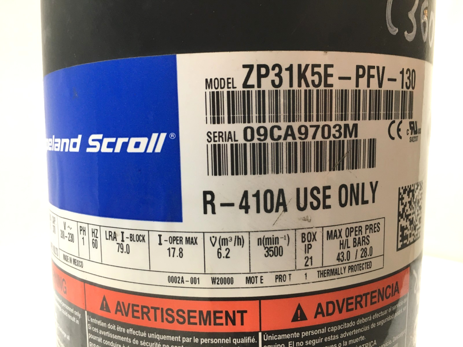 Copeland 2.5 Ton Scroll Compressor ZP31K5E-PFV-130 R410A 208/230V 1 PH used C360