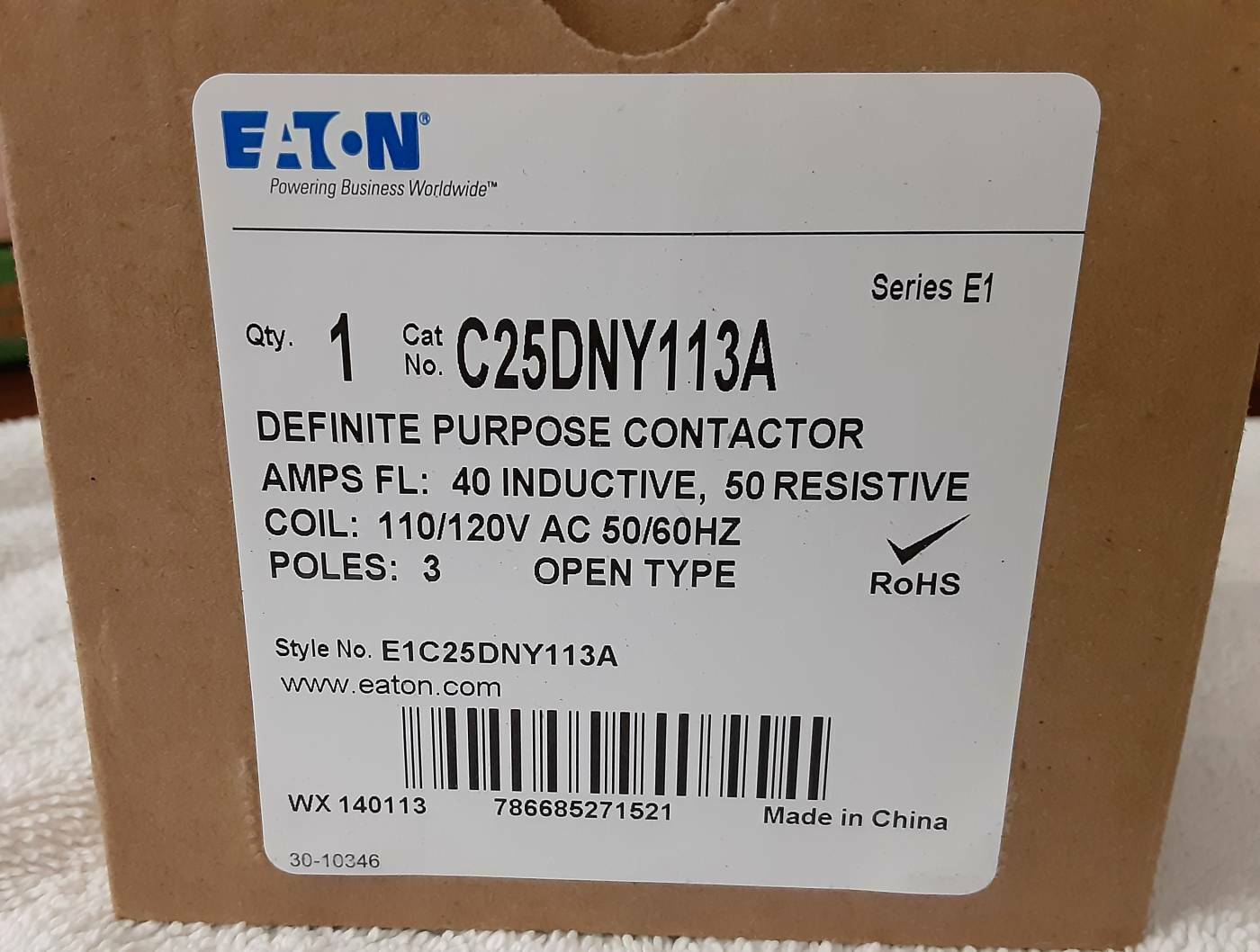EATON Contactor C25DNY113A. 40A. 120V 3P. New in box. Free Shipping.