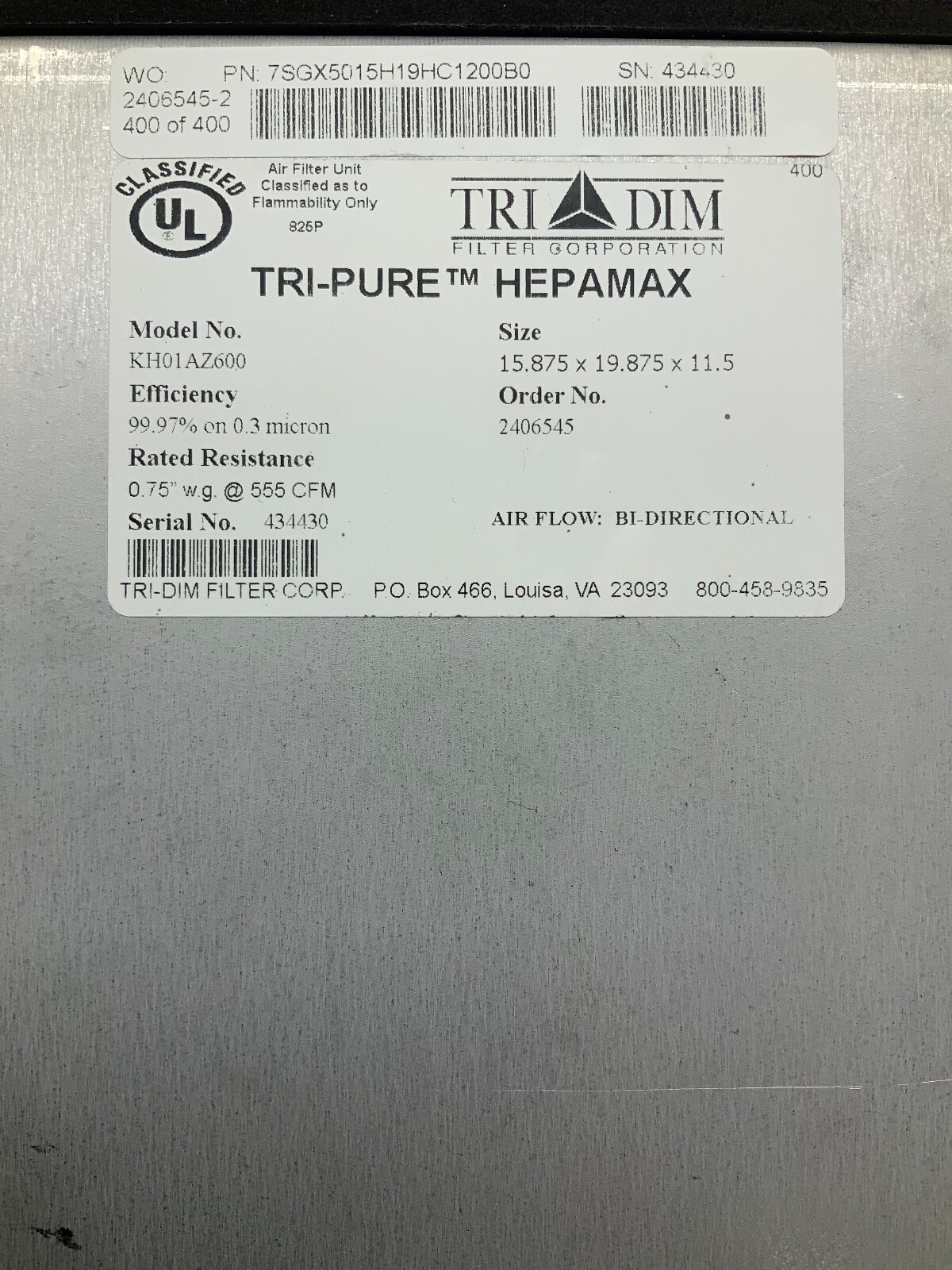 TriDim TRI-PURE HEPAMAX KH01AZ600, 99.97% on 0.3 micron, 15.87 x 19.87 x 11.5