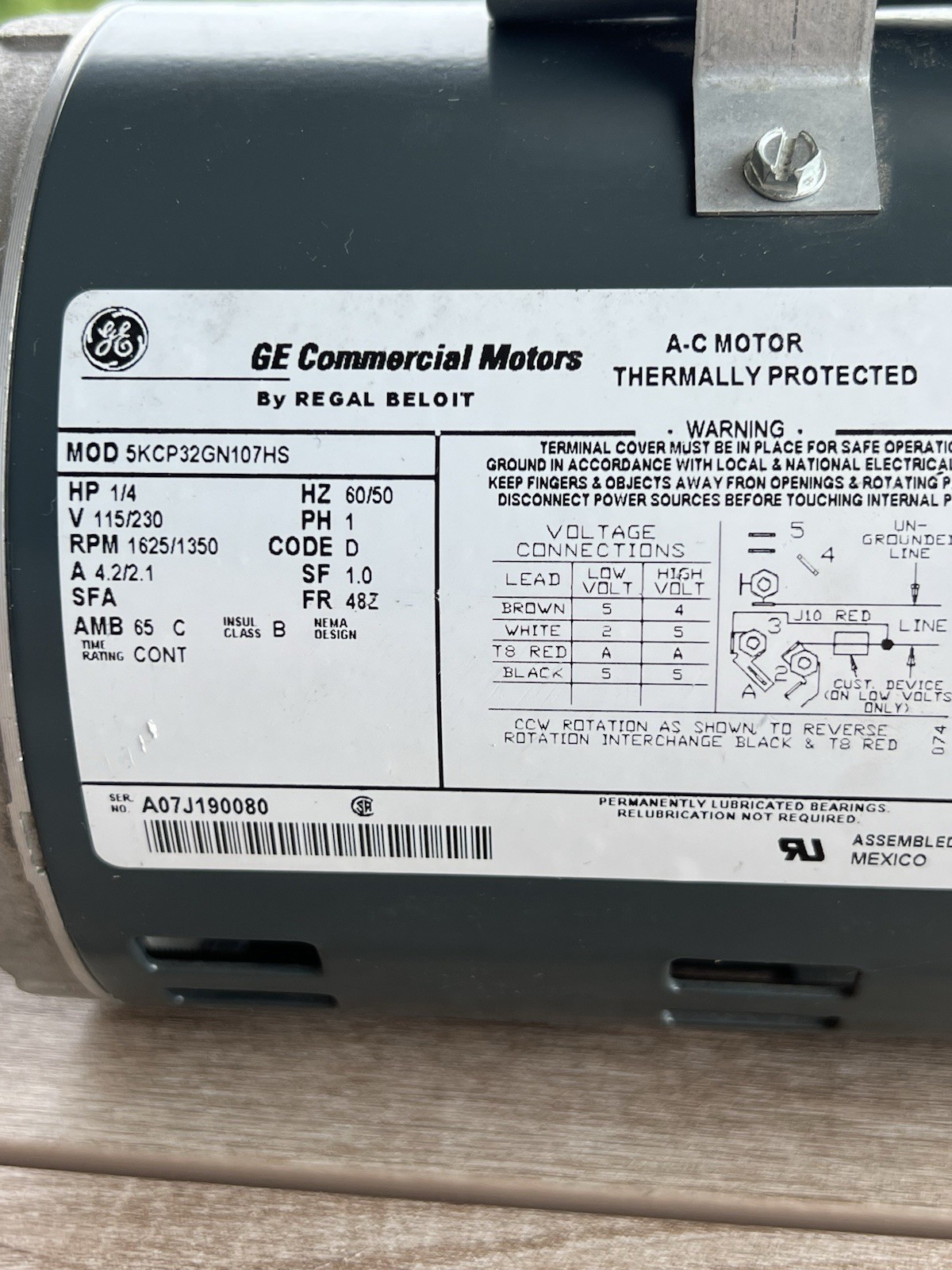 GE Commercial 1/4 HP 5KCP32GN107HS Fan Blower Motor AC A07J190080
