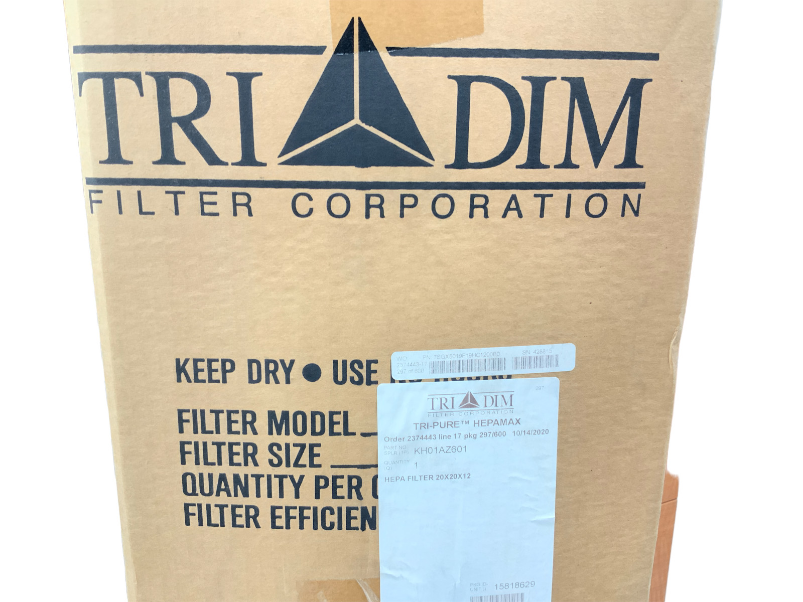 TriDim TRI-PURE HEPAMAX KH01AZ601, 99.97% on 0.3 micron, 20X20X12