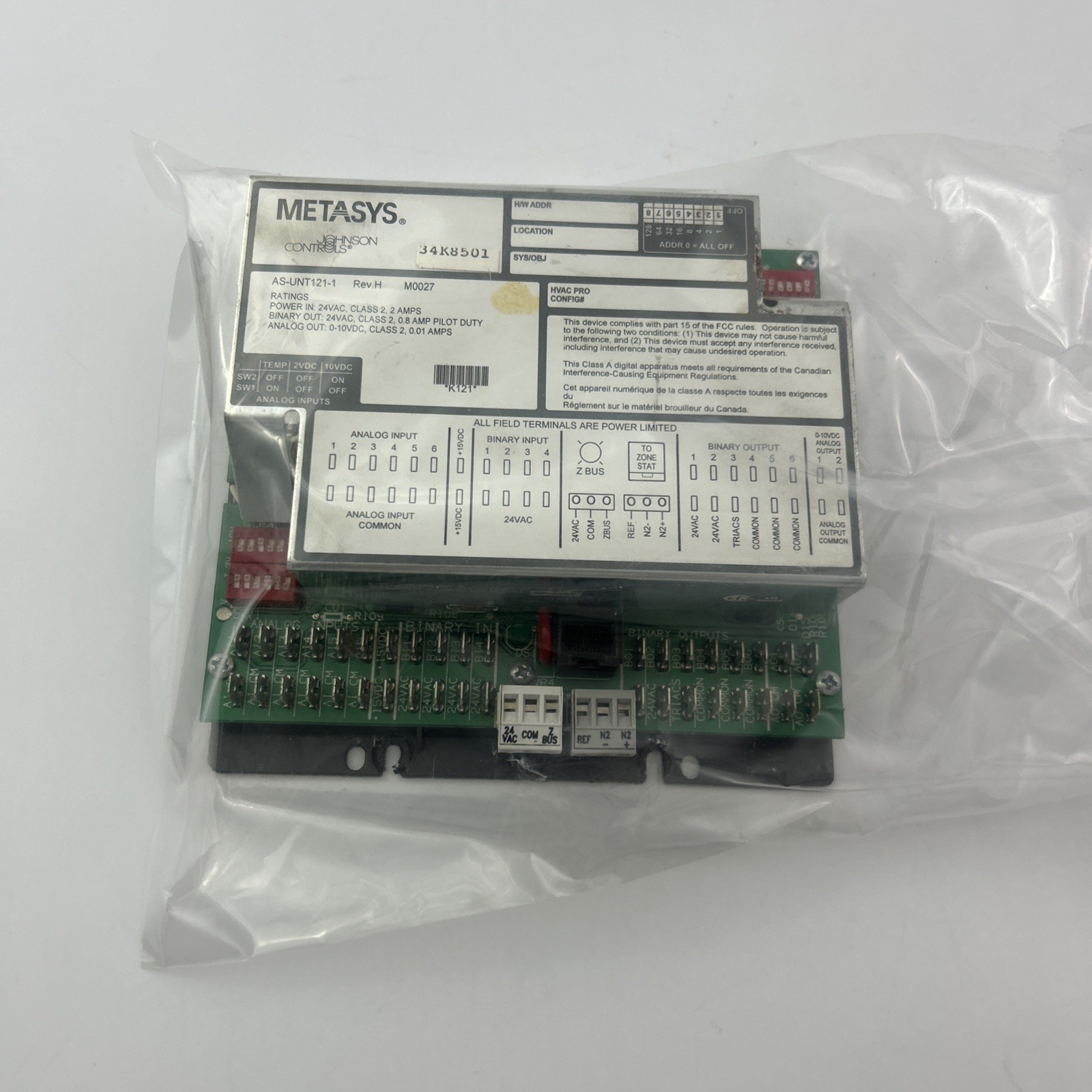 Metasys Johnson Controls AS-UNT121-1 Rev. H Controller, Used, 34K8501